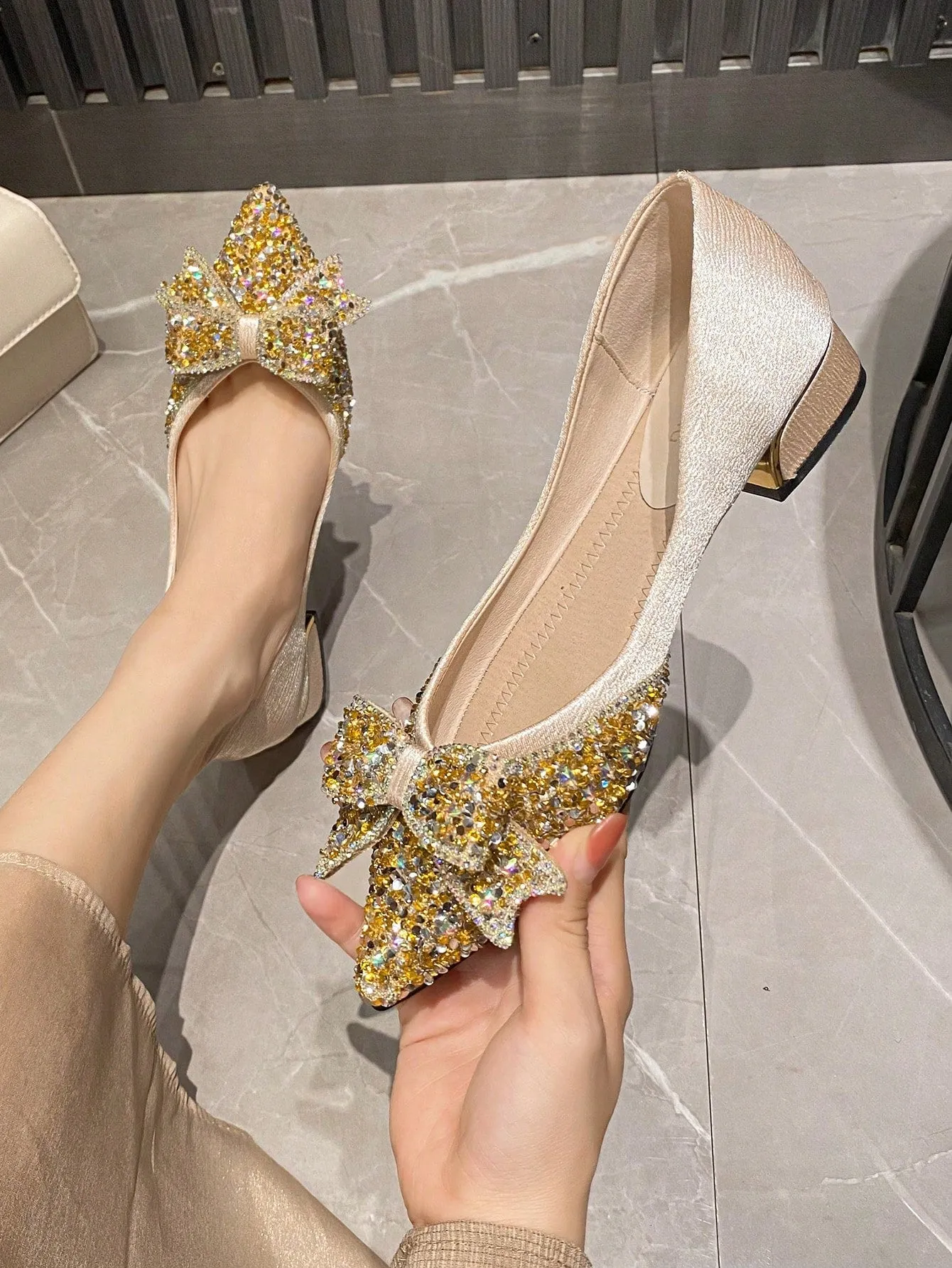 Women Rhinestone & Bow Decor Point Toe Flats, Glamorous Fabric Flats For Party