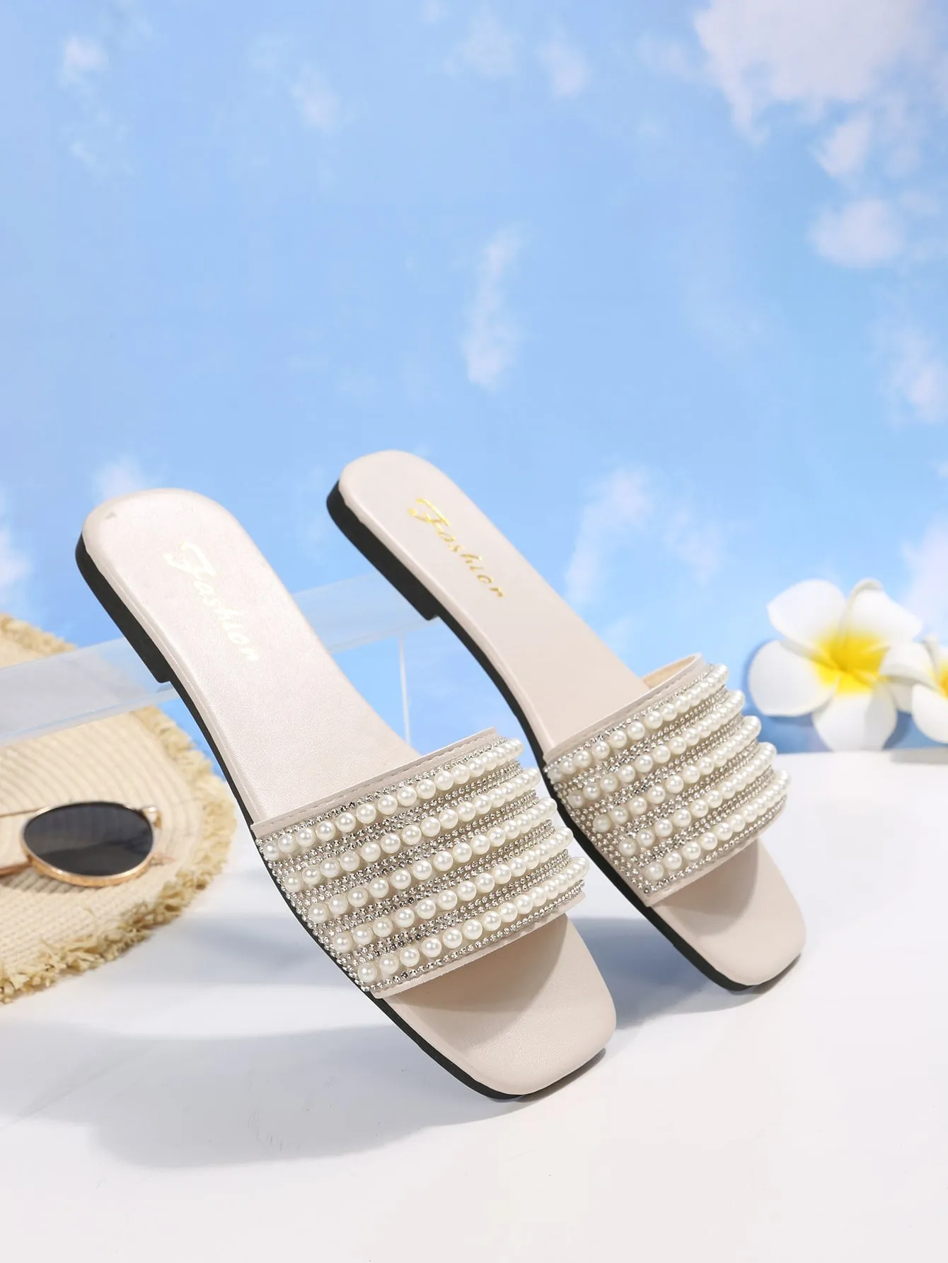 Women Rhinestone & Faux Pearl Decor Slide Sandals, Glamorous Sandals