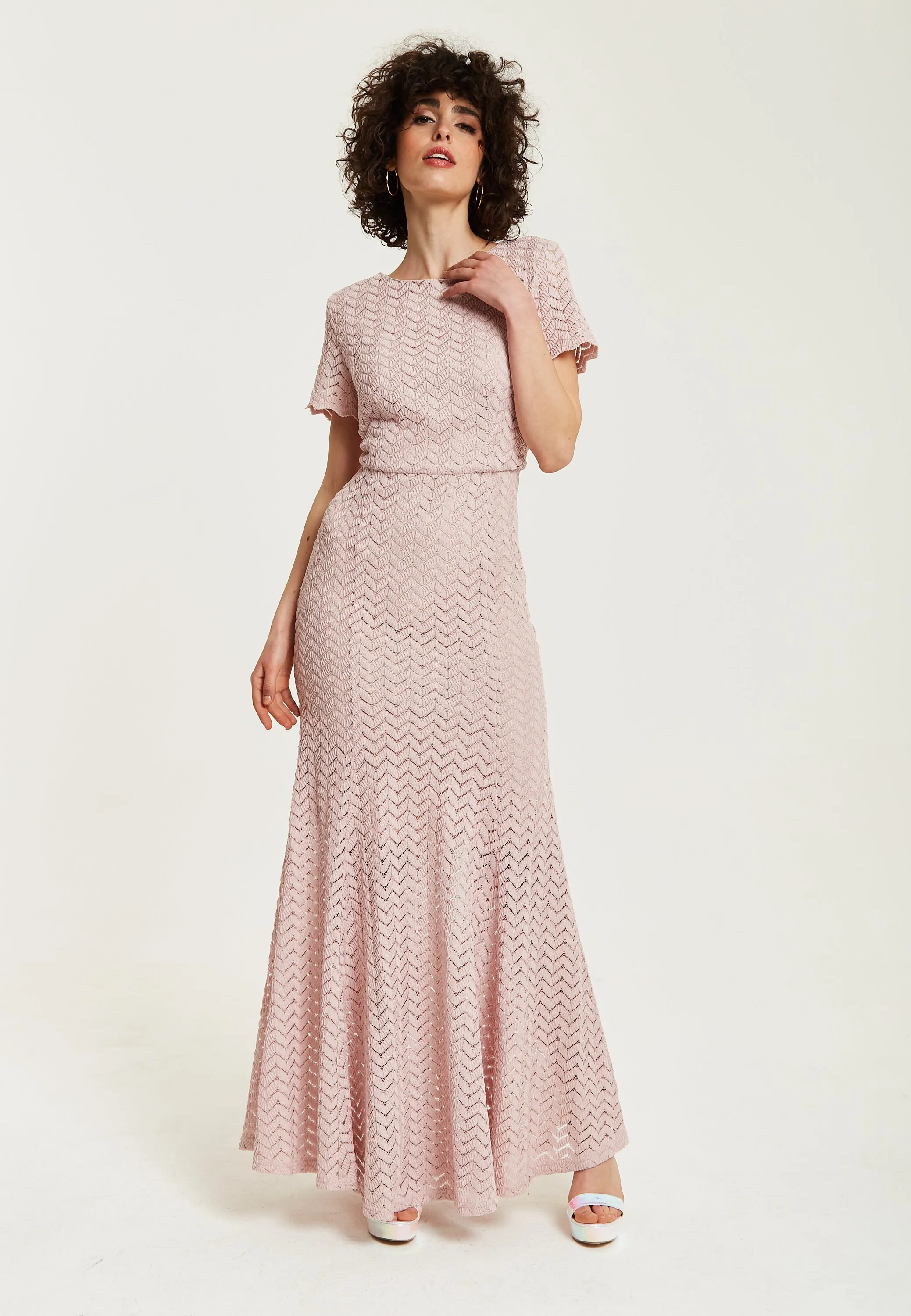 Women’s Maxi Dress in Light Pink with Lace, Short Sleeves, Open Back Detail - Liquorish