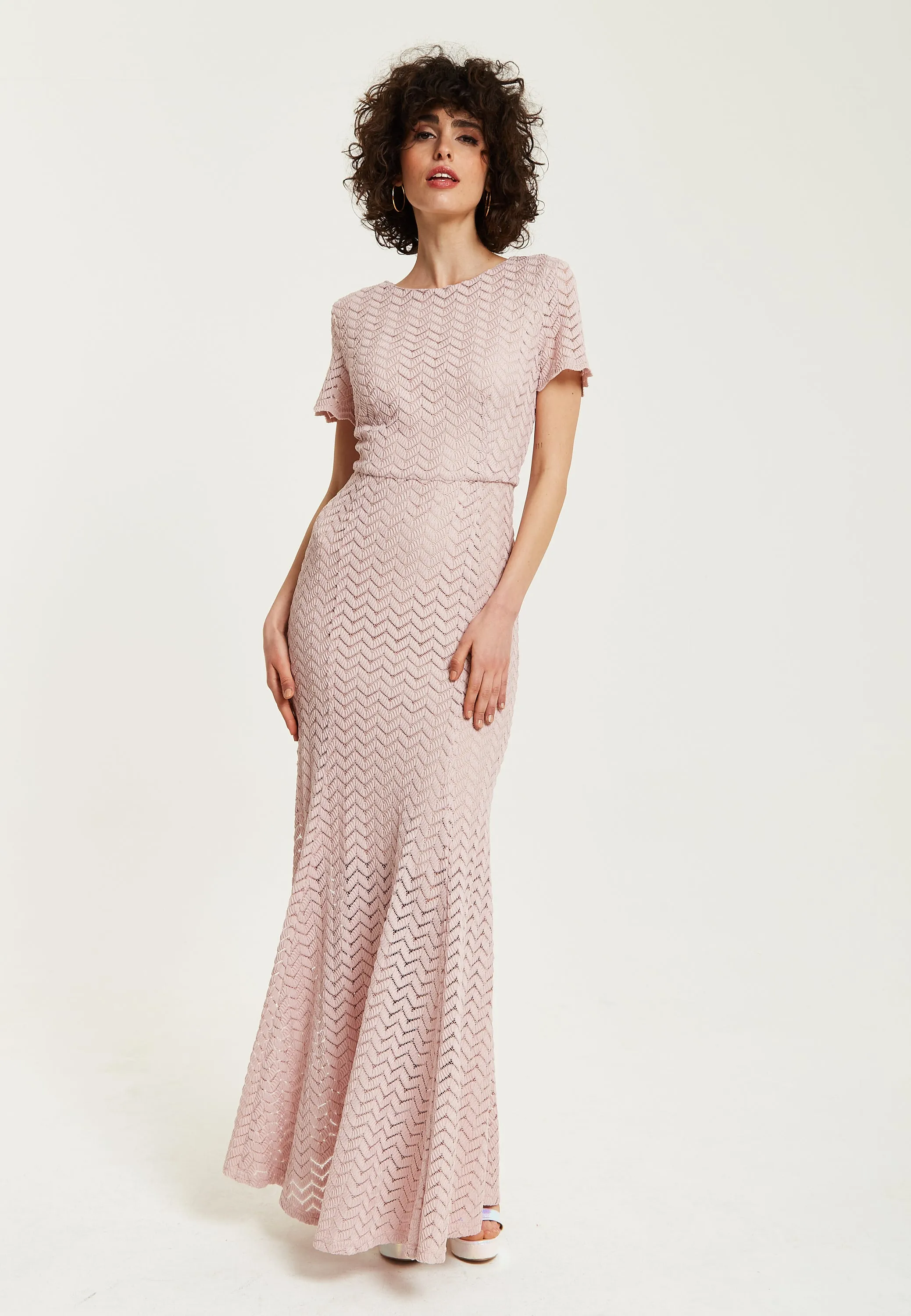 Women’s Maxi Dress in Light Pink with Lace, Short Sleeves, Open Back Detail - Liquorish