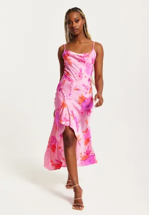 Women's Maxi Dress in Pink with Cowl Neck, Floral Print, Lace Detail, Front Slit, and Regular Fit by Liquorish