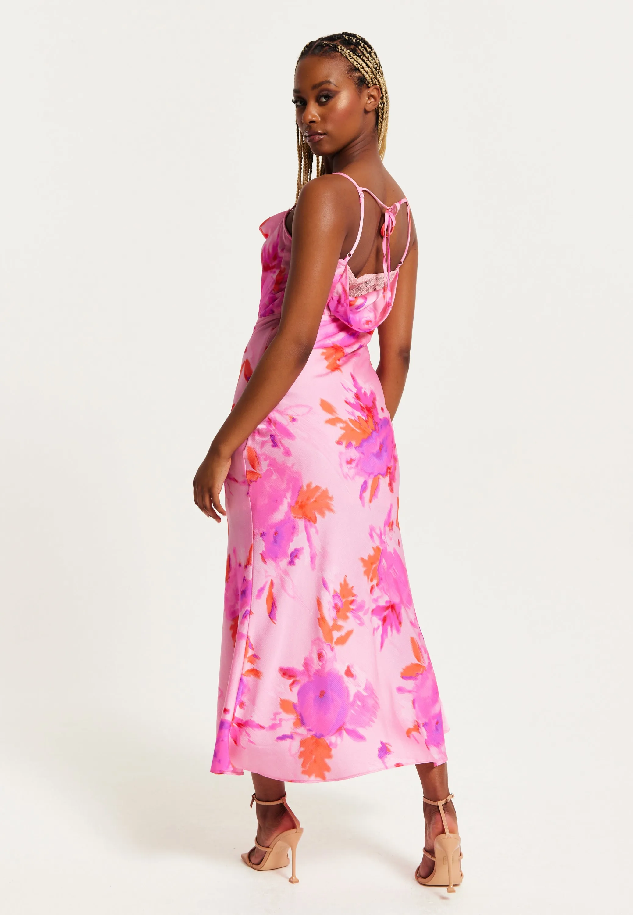 Women's Maxi Dress in Pink with Cowl Neck, Floral Print, Lace Detail, Front Slit, and Regular Fit by Liquorish
