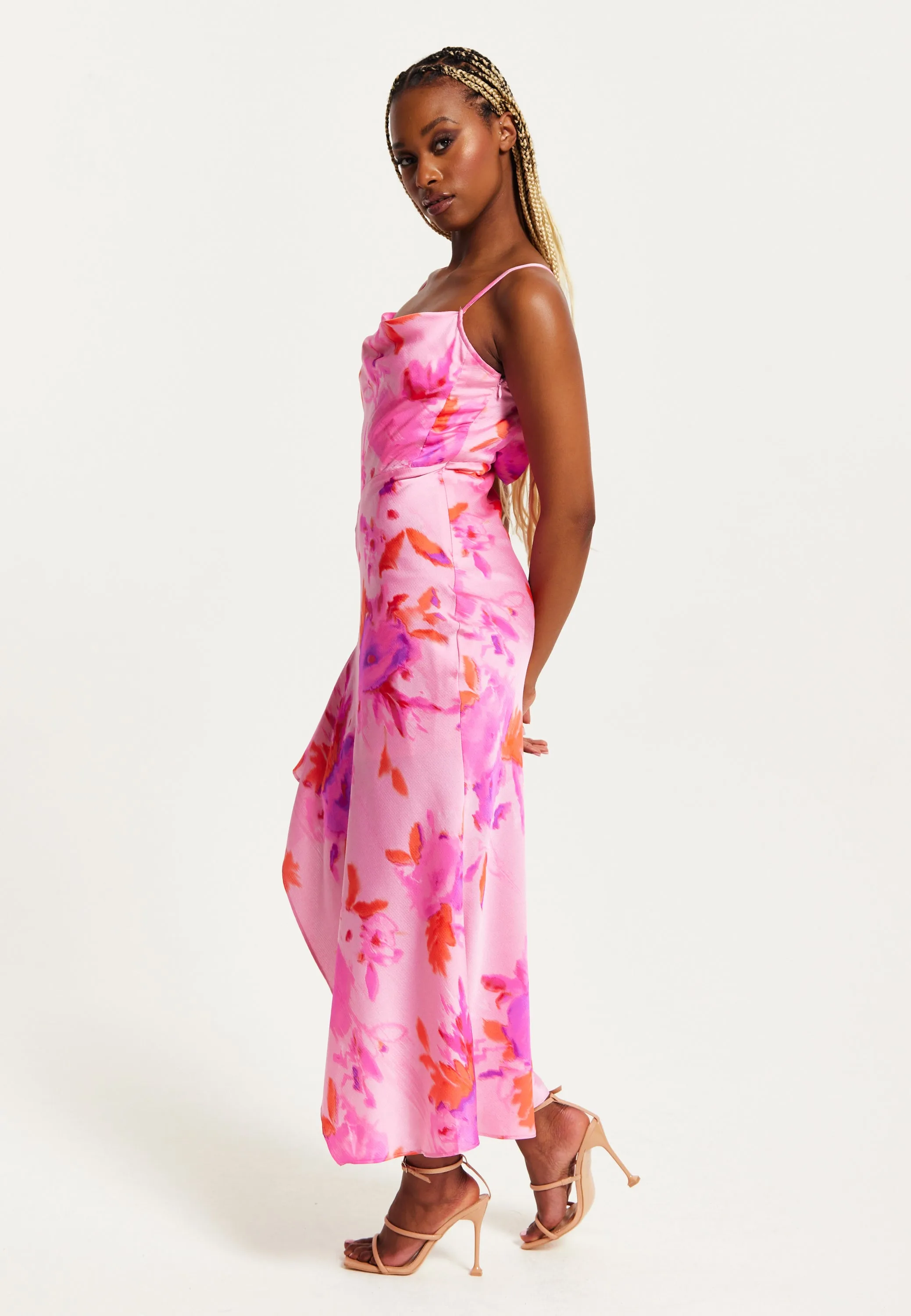 Women's Maxi Dress in Pink with Cowl Neck, Floral Print, Lace Detail, Front Slit, and Regular Fit by Liquorish