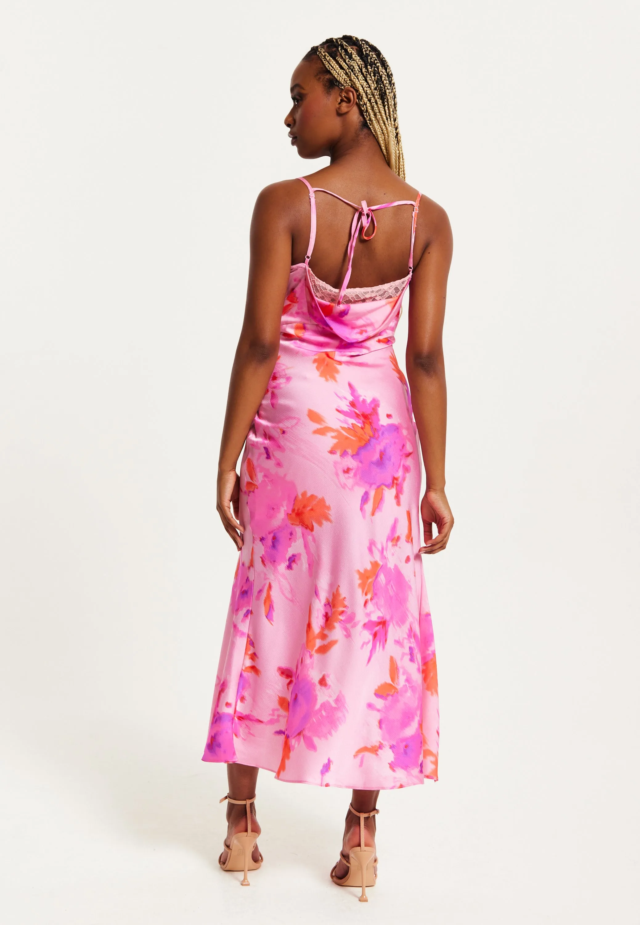 Women's Maxi Dress in Pink with Cowl Neck, Floral Print, Lace Detail, Front Slit, and Regular Fit by Liquorish