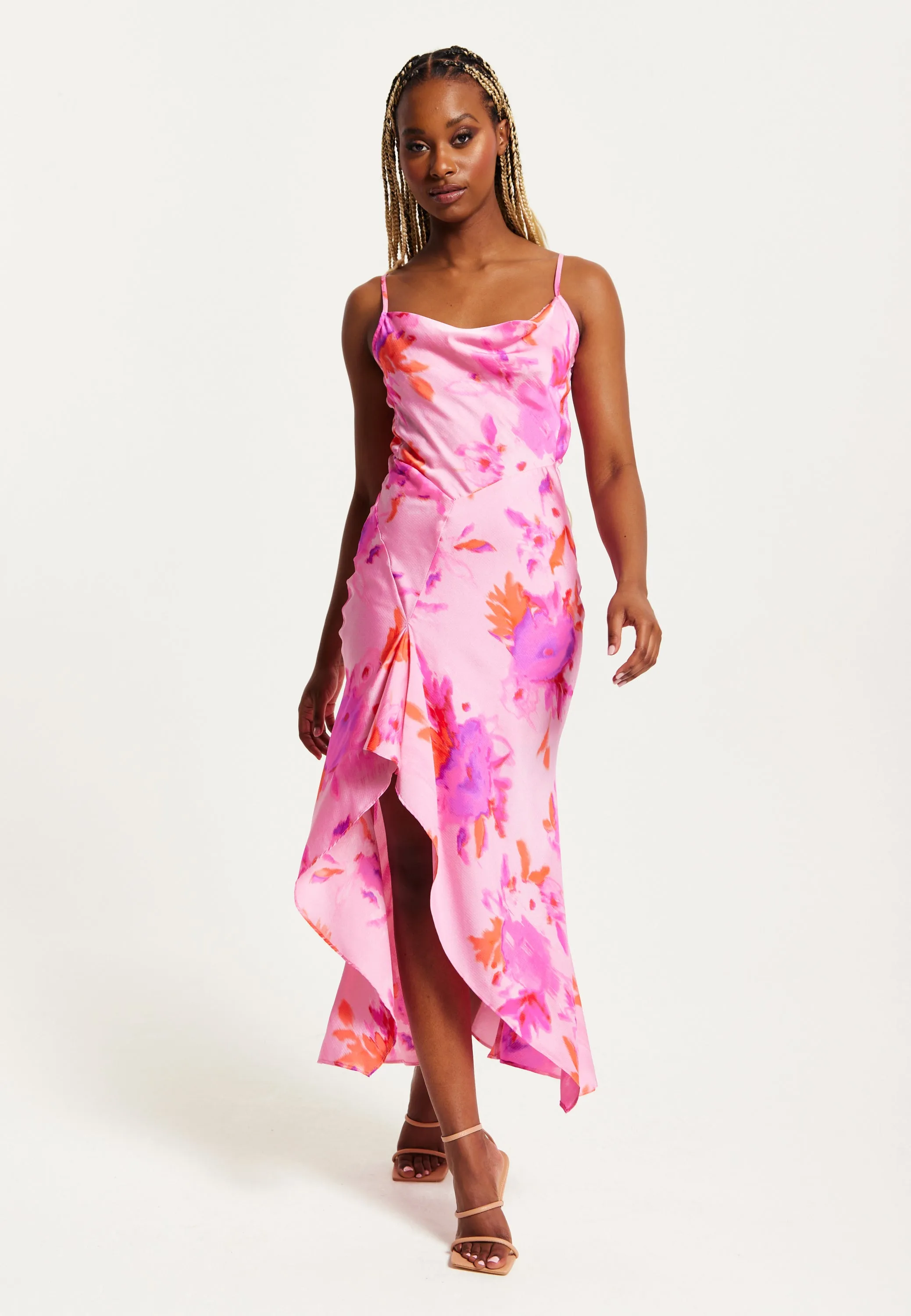 Women's Maxi Dress in Pink with Cowl Neck, Floral Print, Lace Detail, Front Slit, and Regular Fit by Liquorish
