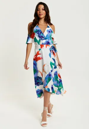 Women's Midi Dress - Floral Print White Wrap Dress with Long Sleeves and Frill Details - Perfect for Weddings - Liquorish