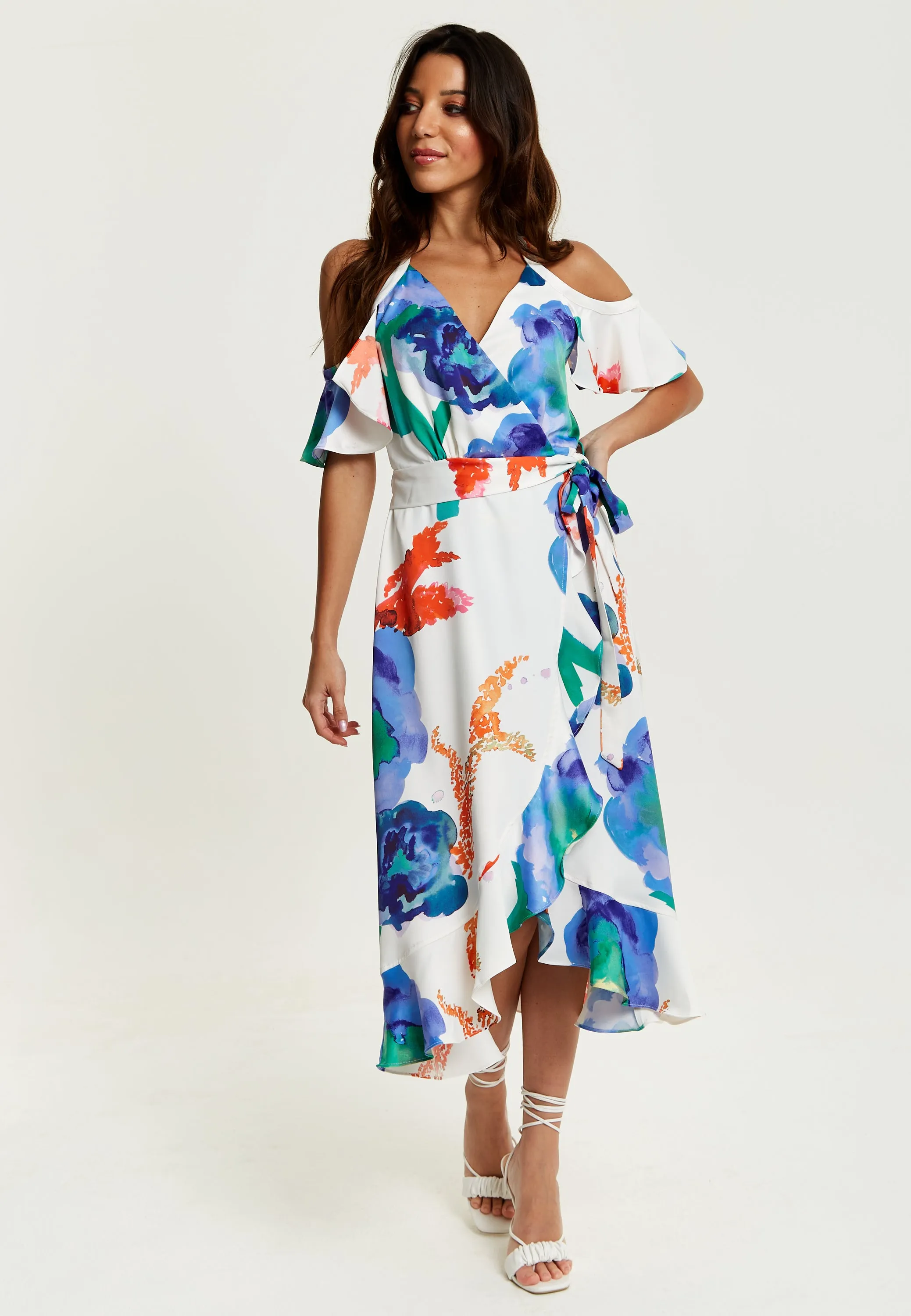 Women's Midi Dress - Floral Print White Wrap Dress with Long Sleeves and Frill Details - Perfect for Weddings - Liquorish