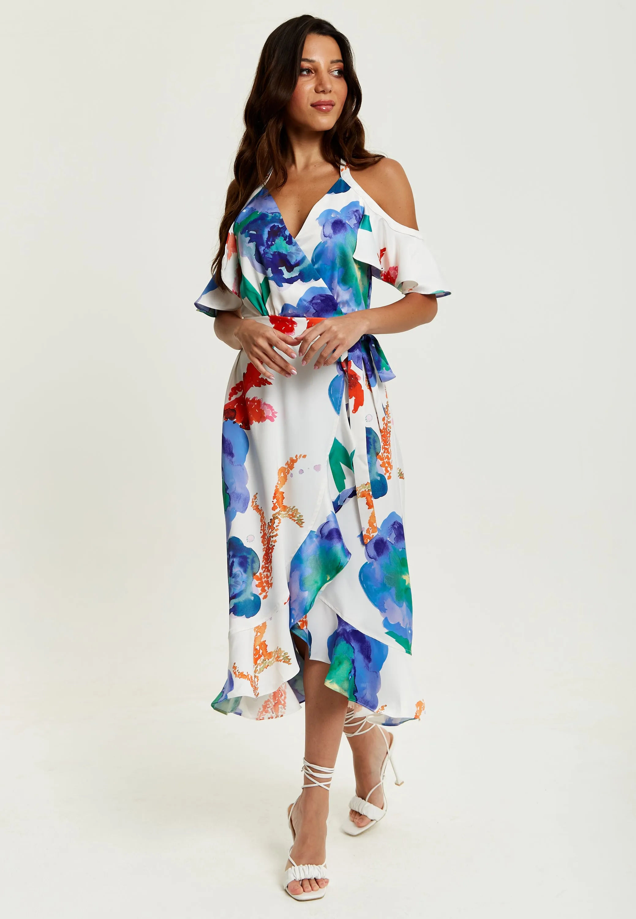 Women's Midi Dress - Floral Print White Wrap Dress with Long Sleeves and Frill Details - Perfect for Weddings - Liquorish