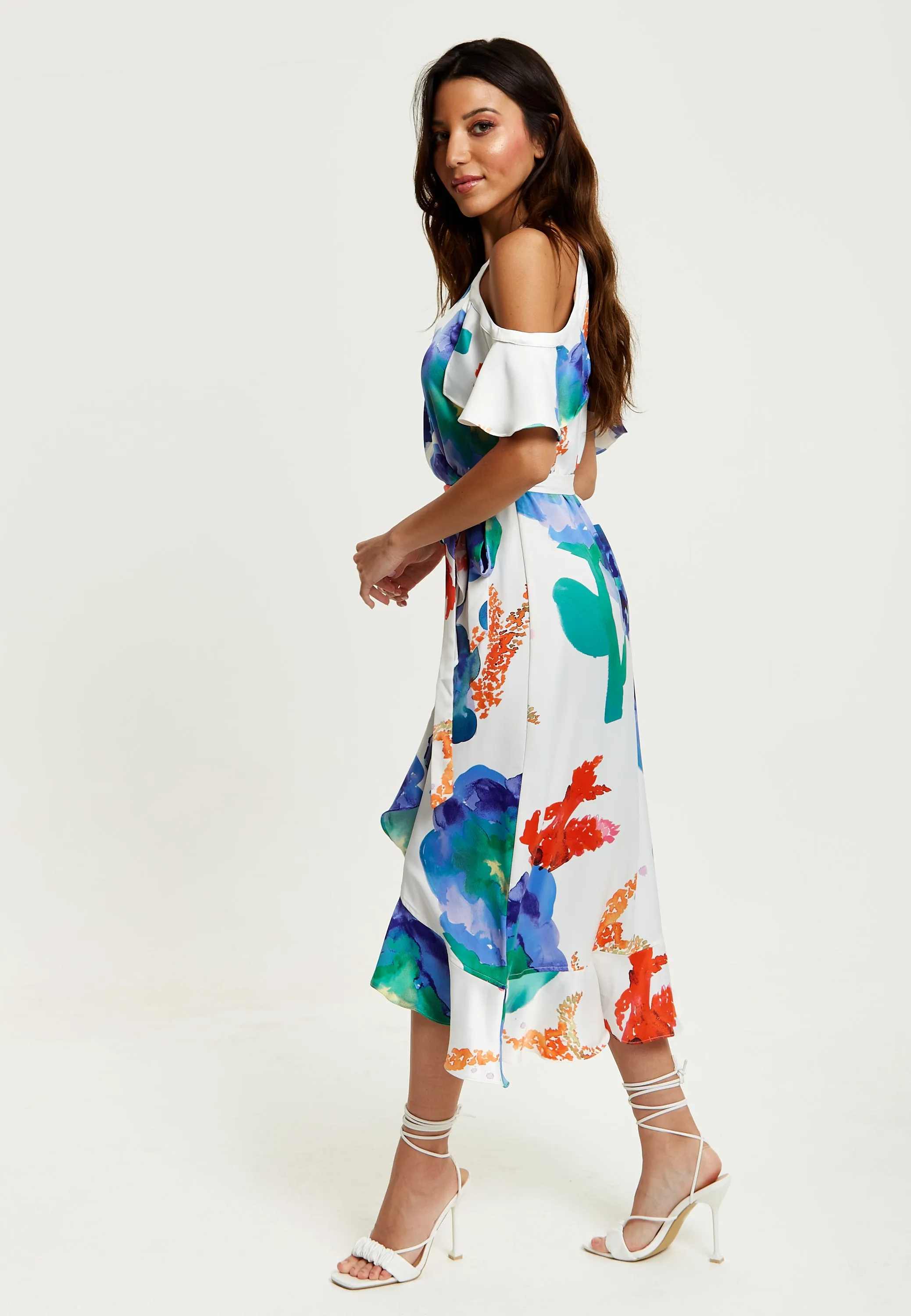 Women's Midi Dress - Floral Print White Wrap Dress with Long Sleeves and Frill Details - Perfect for Weddings - Liquorish