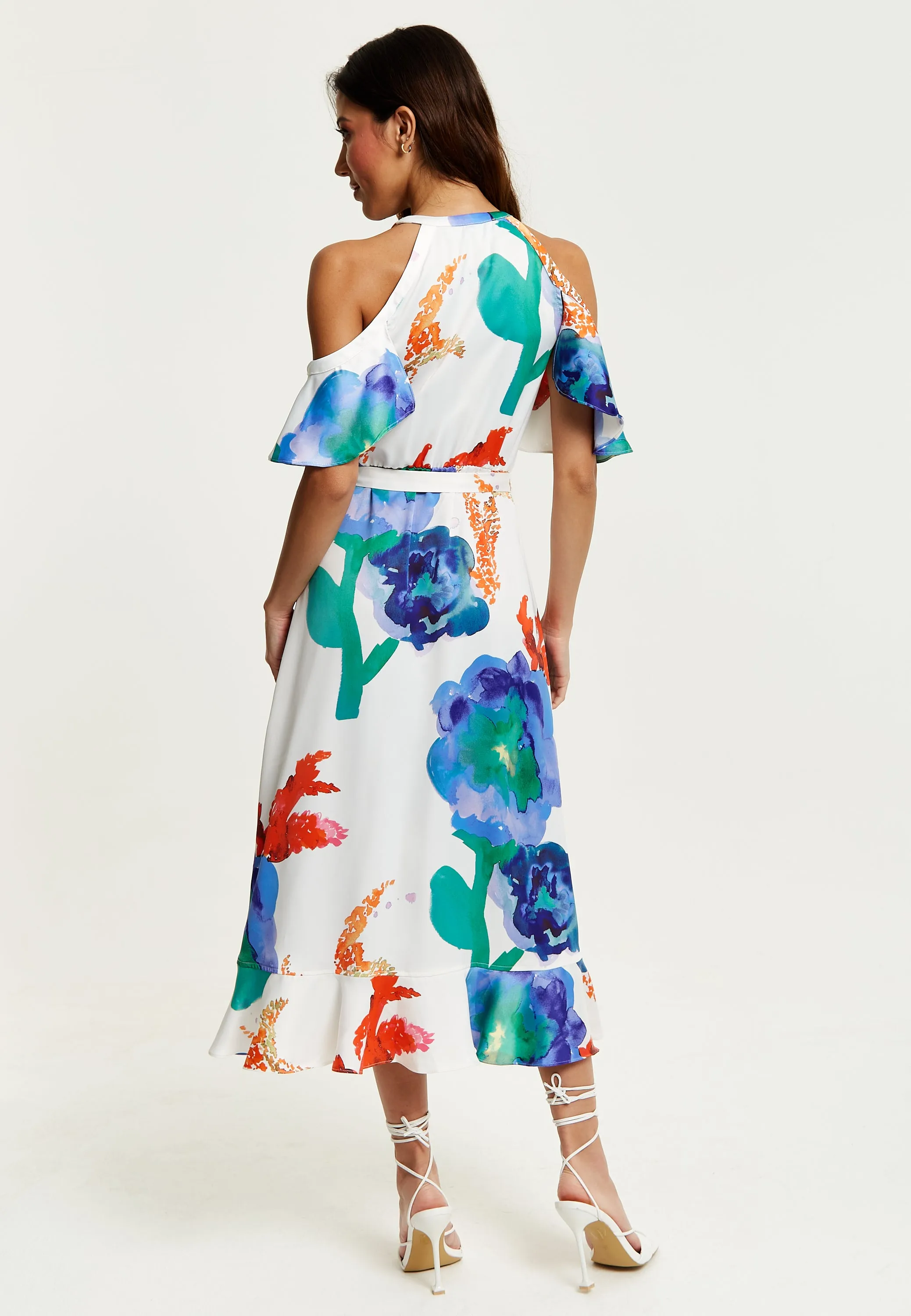 Women's Midi Dress - Floral Print White Wrap Dress with Long Sleeves and Frill Details - Perfect for Weddings - Liquorish